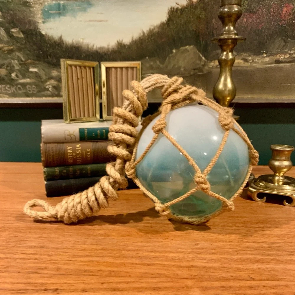 Coastal Turquoise Blue White Glass Buoy Ball Fishing Float Rope Wrapped